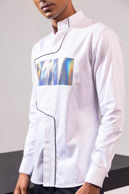 Seven_White Cotton Embroidery Tech Blanc Glossy Chrome Panel Applique Shirt _Online_at_Aza_Fashions