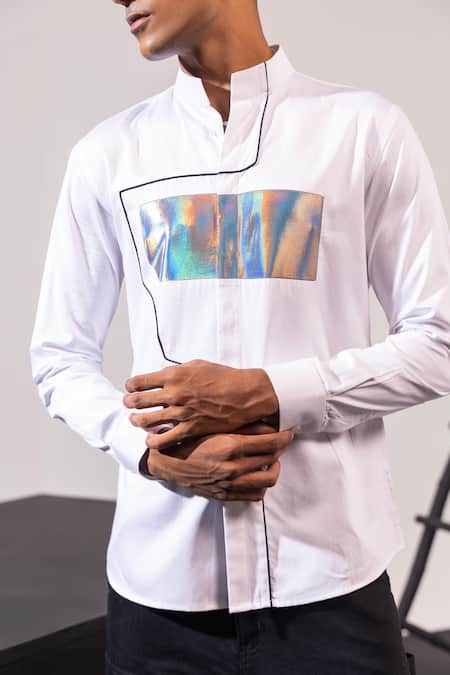 Buy_Seven_White Cotton Embroidery Tech Blanc Glossy Chrome Panel Applique Shirt _Online_at_Aza_Fashions