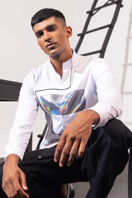 Shop_Seven_White Cotton Embroidery Tech Blanc Glossy Chrome Panel Applique Shirt _Online_at_Aza_Fashions