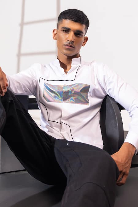 Seven_White Cotton Embroidery Tech Blanc Glossy Chrome Panel Applique Shirt _at_Aza_Fashions