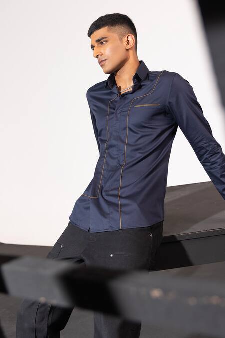 Shop_Seven_Blue Cotton Satin Cording Tech Corded Shirt _at_Aza_Fashions
