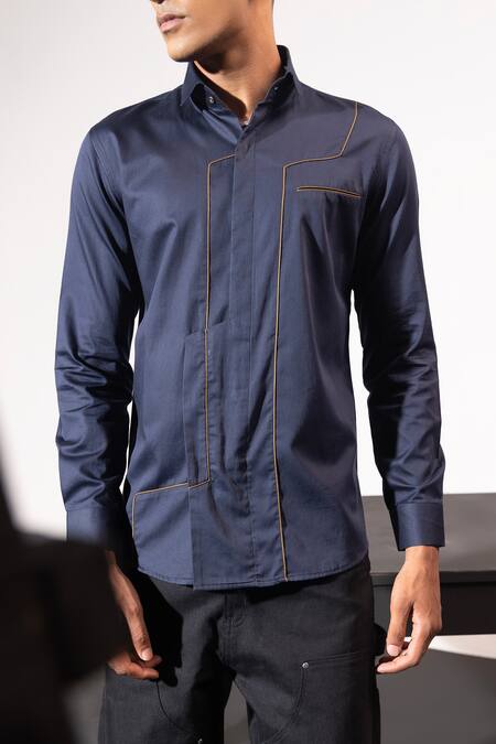 Seven_Blue Cotton Satin Cording Tech Corded Shirt _Online_at_Aza_Fashions