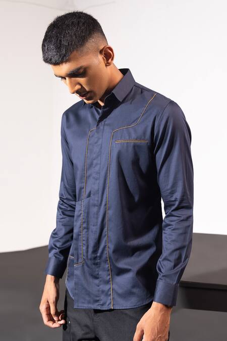 Buy_Seven_Blue Cotton Satin Cording Tech Corded Shirt _Online_at_Aza_Fashions