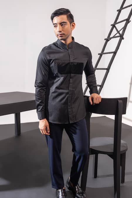 Seven Black Cotton Applique Glossy Panel Tech Noir Shirt 
