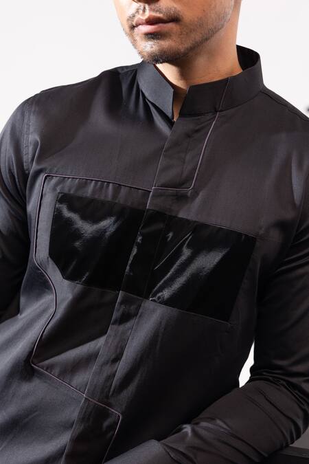 Buy Seven Black Cotton Applique Tech Noir Glossy Panel Shirt Online at Aza Fashions Buy_Seven_Black Cotton Applique Tech Noir Glossy Panel Shirt_Online_at_Aza_Fashions