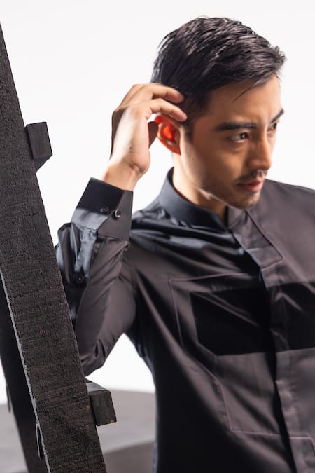 Shop Seven Black Cotton Applique Tech Noir Glossy Panel Shirt Online at Aza Fashions Shop_Seven_Black Cotton Applique Tech Noir Glossy Panel Shirt_Online_at_Aza_Fashions