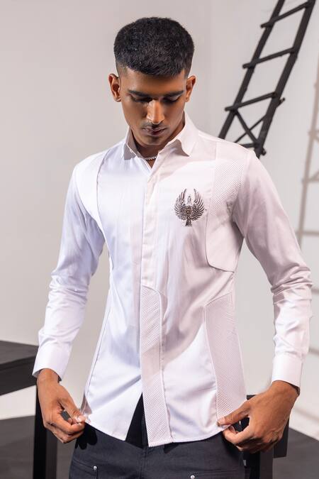 Shop_Seven_White Cotton Applique Falcon The Shirt _at_Aza_Fashions