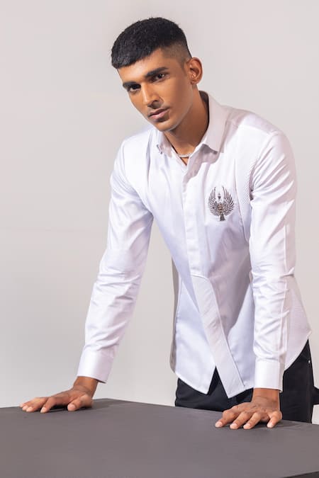 Shop_Seven_White Cotton Applique Falcon The Shirt _Online_at_Aza_Fashions