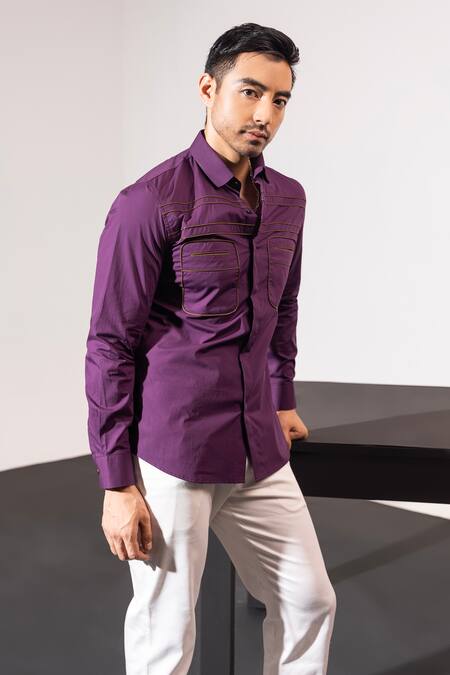Shop_Seven_Purple Cotton Satin Cording True Tyrian Corded Shirt _at_Aza_Fashions