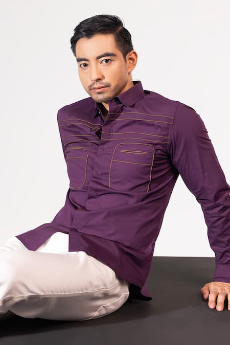 Seven_Purple Cotton Satin Cording True Tyrian Corded Shirt _Online_at_Aza_Fashions