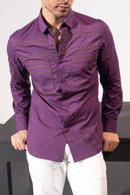 Shop_Seven_Purple Cotton Satin Cording True Tyrian Corded Shirt _Online_at_Aza_Fashions