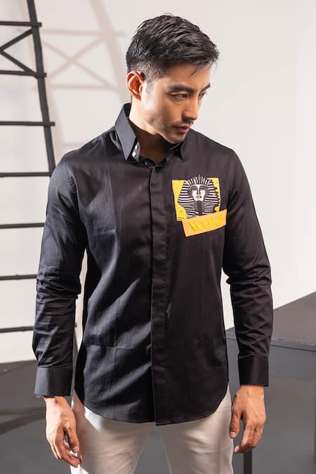 Shop Seven Black Cotton Applique Wolf And Mummy Shirt at Aza Fashions Shop_Seven_Black Cotton Applique Wolf And Mummy Shirt_at_Aza_Fashions
