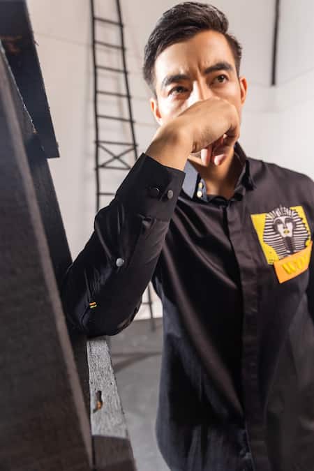Shop Seven Black Cotton Applique Wolf And Mummy Shirt Online at Aza Fashions Shop_Seven_Black Cotton Applique Wolf And Mummy Shirt_Online_at_Aza_Fashions