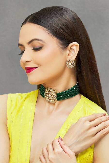 Buy_Saga Jewels_Multi Color Beads Kundan Embellished Pendant Choker Set