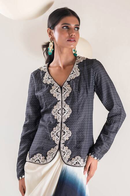 Pallavi Poddar_Black Silk Embroidery V-neck Geometric Print Waistcoat With Skirt _Online_at_Aza_Fashions