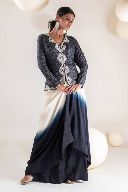 Buy_Pallavi Poddar_Black Silk Embroidery V-neck Geometric Print Waistcoat With Skirt _Online_at_Aza_Fashions