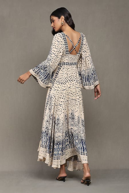 Ritu Kumar_Beige Viscose, Crepe V-neck Devesh Abstract Print Dress _Online_at_Aza_Fashions