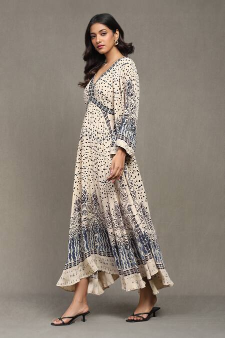 Shop_Ritu Kumar_Beige Viscose, Crepe V-neck Devesh Abstract Print Dress _Online_at_Aza_Fashions