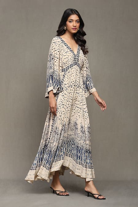 Ritu Kumar_Beige Viscose, Crepe V-neck Devesh Abstract Print Dress _at_Aza_Fashions