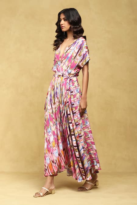 Ritu Kumar_Pink Viscose, Crepe V-neck Binkai Abstract Print Dress _Online_at_Aza_Fashions