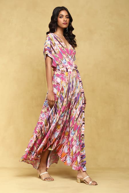 Buy_Ritu Kumar_Pink Viscose, Crepe V-neck Binkai Abstract Print Dress _Online_at_Aza_Fashions