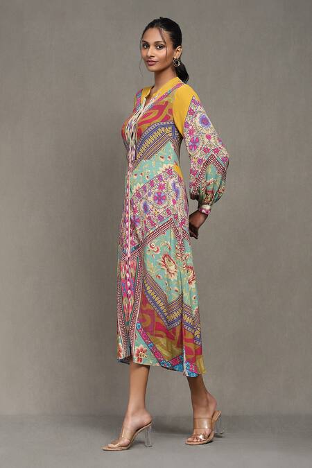 Ritu Kumar_Multi Color Viscose, Crepe Bandeau Neck Kazak A-line Printed Dress_Online_at_Aza_Fashions
