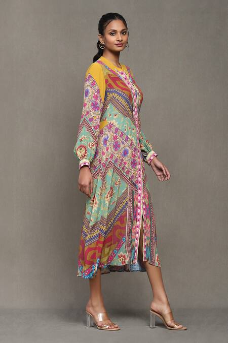 Buy_Ritu Kumar_Multi Color Viscose, Crepe Bandeau Neck Kazak A-line Printed Dress_Online_at_Aza_Fashions