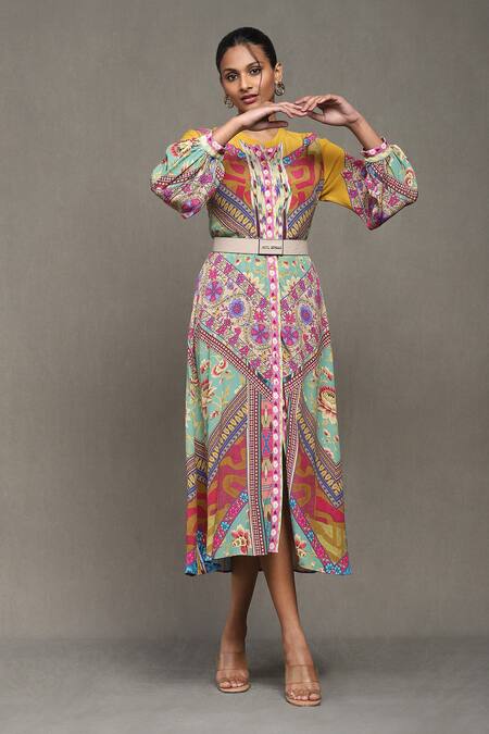 Shop_Ritu Kumar_Multi Color Viscose, Crepe Bandeau Neck Kazak A-line Printed Dress_Online_at_Aza_Fashions