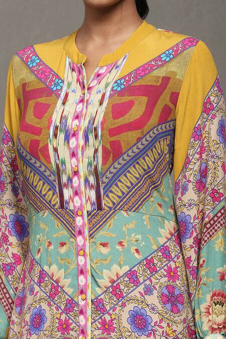 Ritu Kumar_Multi Color Viscose, Crepe Bandeau Neck Kazak A-line Printed Dress_at_Aza_Fashions