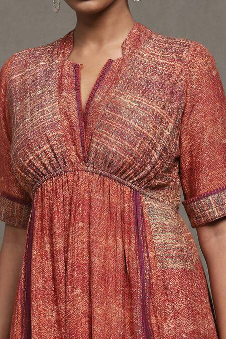 Shop_Ritu Kumar_Red Cotton, Silk Mandarin Collar, V-neck Mrinal Geometric Print Dress _Online_at_Aza_Fashions
