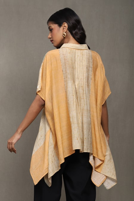 Shop Ritu Kumar Orange Cotton, Silk Collared Maghreb Stripe Print Shirt at Aza Fashions Shop_Ritu Kumar_Orange Cotton, Silk Collared Maghreb Stripe Print Shirt_at_Aza_Fashions