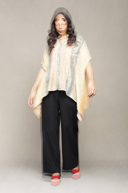 Ritu Kumar Orange Cotton, Silk Collared Maghreb Stripe Print Shirt Online at Aza Fashions Ritu Kumar_Orange Cotton, Silk Collared Maghreb Stripe Print Shirt_Online_at_Aza_Fashions