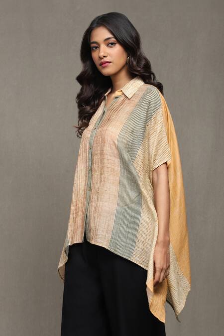 Buy Ritu Kumar Orange Cotton, Silk Collared Maghreb Stripe Print Shirt Online at Aza Fashions Buy_Ritu Kumar_Orange Cotton, Silk Collared Maghreb Stripe Print Shirt_Online_at_Aza_Fashions