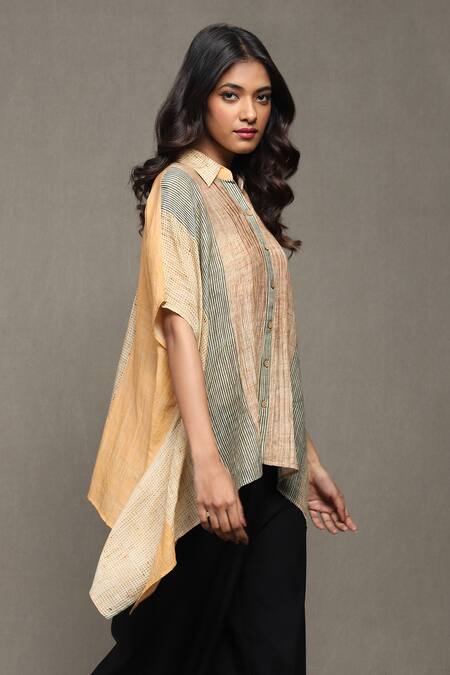 Shop Ritu Kumar Orange Cotton, Silk Collared Maghreb Stripe Print Shirt Online at Aza Fashions Shop_Ritu Kumar_Orange Cotton, Silk Collared Maghreb Stripe Print Shirt_Online_at_Aza_Fashions