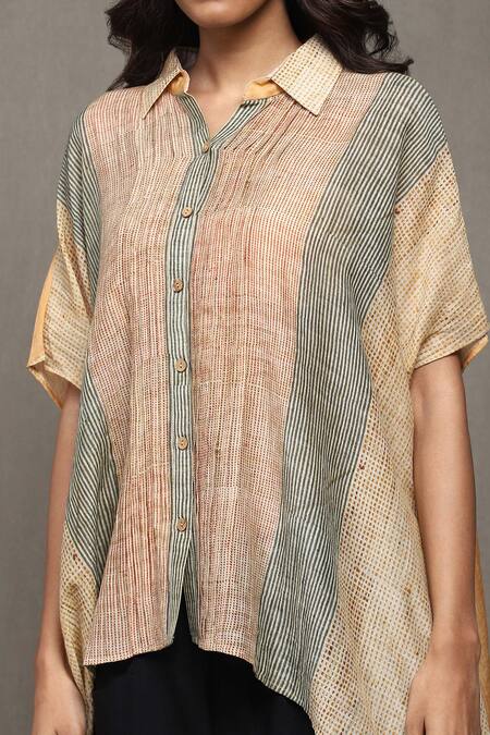 Ritu Kumar Orange Cotton, Silk Collared Maghreb Stripe Print Shirt at Aza Fashions Ritu Kumar_Orange Cotton, Silk Collared Maghreb Stripe Print Shirt_at_Aza_Fashions