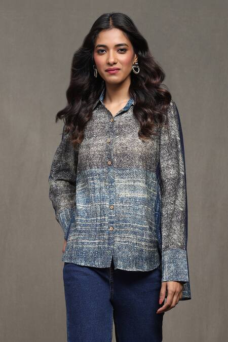 Ritu Kumar_Blue Cotton, Silk Collared Mrinal Geometric Print Shirt_Online_at_Aza_Fashions