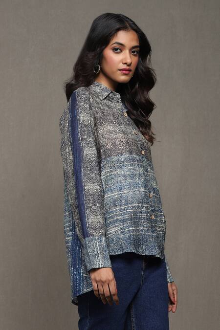 Shop_Ritu Kumar_Blue Cotton, Silk Collared Mrinal Geometric Print Shirt_Online_at_Aza_Fashions