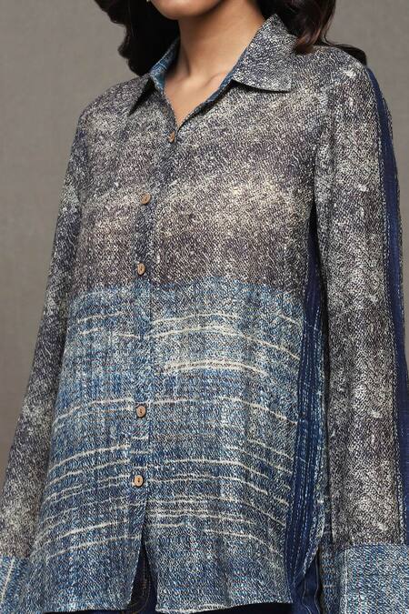 Ritu Kumar_Blue Cotton, Silk Collared Mrinal Geometric Print Shirt_at_Aza_Fashions