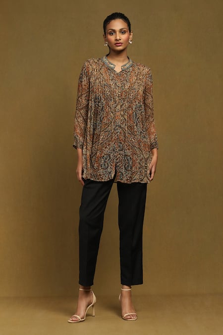 Ritu Kumar Brown Viscose Chiffon Printed Floral Mandarin Collar Avanti Top  