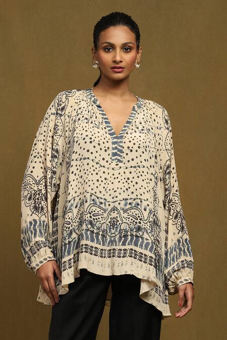 Ritu Kumar_Beige Viscose V-neck Devesh Abstract Print Top_Online_at_Aza_Fashions