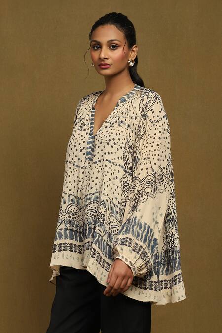 Buy_Ritu Kumar_Beige Viscose V-neck Devesh Abstract Print Top_Online_at_Aza_Fashions