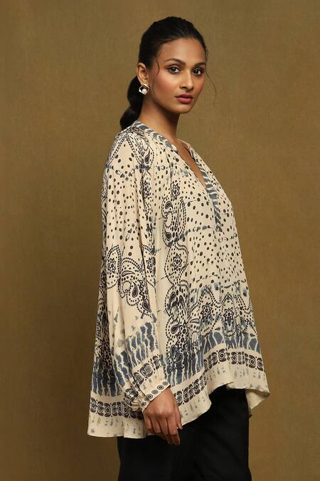 Shop_Ritu Kumar_Beige Viscose V-neck Devesh Abstract Print Top_Online_at_Aza_Fashions