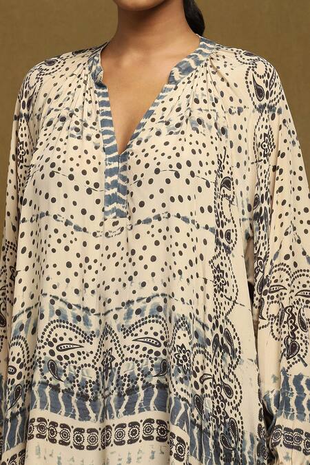 Ritu Kumar_Beige Viscose V-neck Devesh Abstract Print Top_at_Aza_Fashions