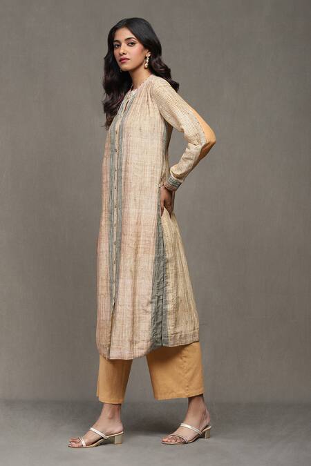 Ritu Kumar_Orange Cotton, Silk Bandeau Neck Maghreb Printed Kurta With Palazzo _Online_at_Aza_Fashions