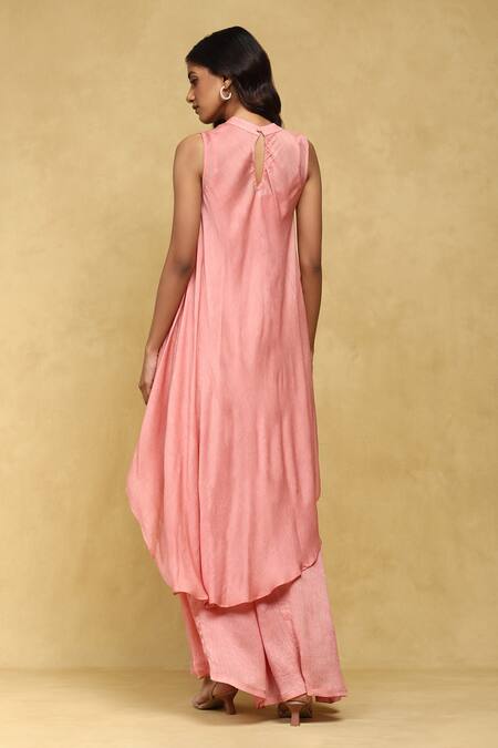 Shop Ritu Kumar Pink Viscose, Crepe Collared Pernia Palazzo Set With Botanic Print Dupatta at Aza Fashions Shop_Ritu Kumar_Pink Viscose, Crepe Collared Pernia Palazzo Set With Botanic Print Dupatta_at_Aza_Fashions