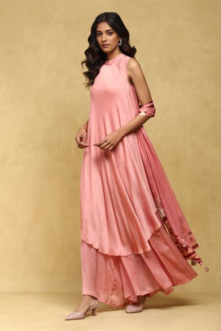 Ritu Kumar Pink Viscose, Crepe Collared Pernia Palazzo Set With Botanic Print Dupatta Online at Aza Fashions Ritu Kumar_Pink Viscose, Crepe Collared Pernia Palazzo Set With Botanic Print Dupatta_Online_at_Aza_Fashions