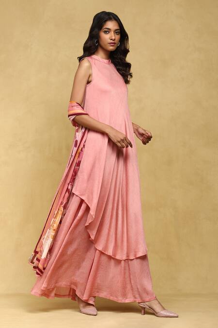 Buy Ritu Kumar Pink Viscose, Crepe Collared Pernia Palazzo Set With Botanic Print Dupatta Online at Aza Fashions Buy_Ritu Kumar_Pink Viscose, Crepe Collared Pernia Palazzo Set With Botanic Print Dupatta_Online_at_Aza_Fashions