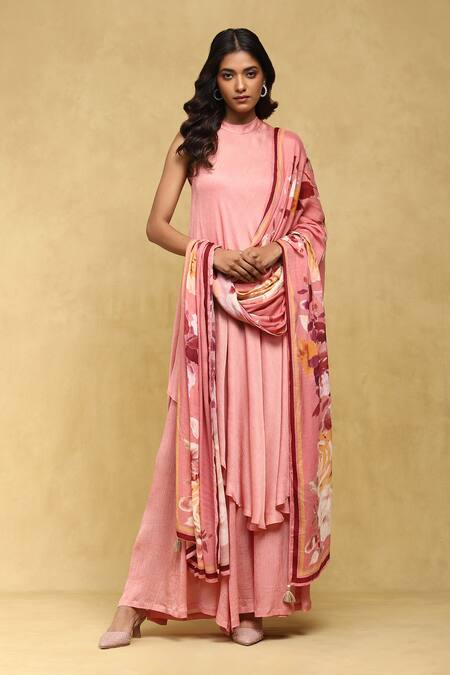 Shop Ritu Kumar Pink Viscose, Crepe Collared Pernia Palazzo Set With Botanic Print Dupatta Online at Aza Fashions Shop_Ritu Kumar_Pink Viscose, Crepe Collared Pernia Palazzo Set With Botanic Print Dupatta_Online_at_Aza_Fashions