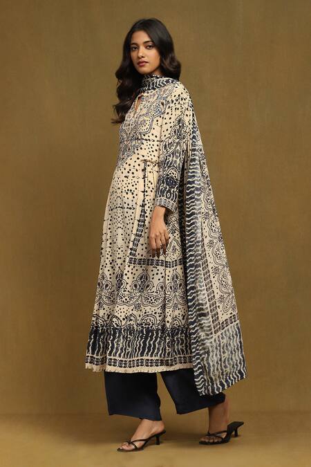 Ritu Kumar_Beige Viscose, Lycra Embroidery Collared, Round Abstract Print Kurta Palazzo Set_Online_at_Aza_Fashions