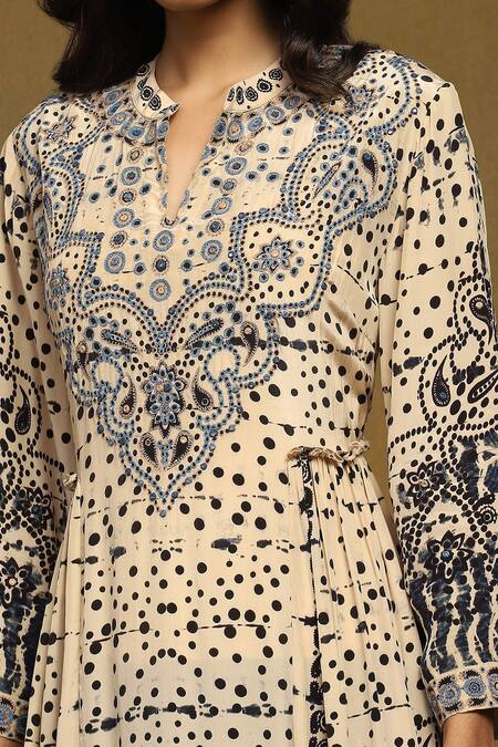 Buy_Ritu Kumar_Beige Viscose, Lycra Embroidery Collared, Round Abstract Print Kurta Palazzo Set_Online_at_Aza_Fashions